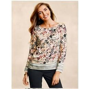 Talbots 16 Petite Floral Flowy Beige Black Blouse Round neck Long Sleeves Fall